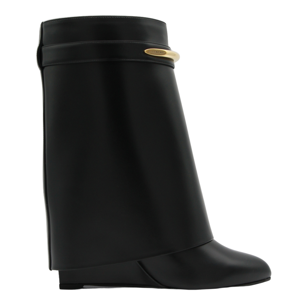 Flared Black Leather Boots with Wedge Heel