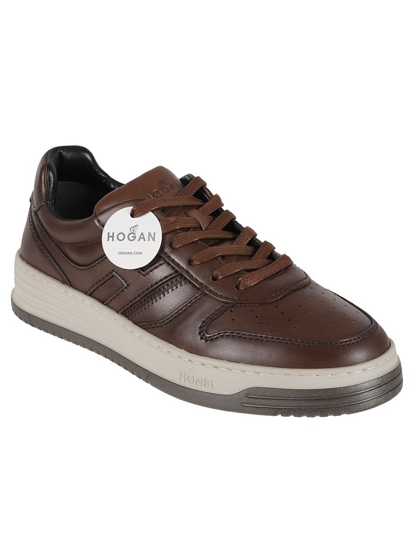 Brown Leather Sneakers With Perforated Detailing