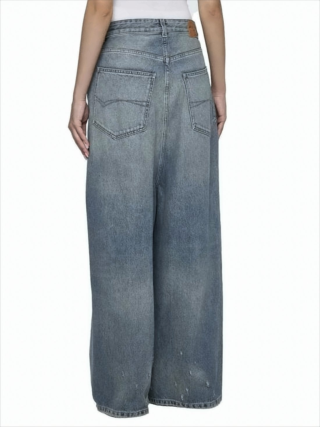 High-Waisted Wide-Leg Denim Pants with Distressed Detailing