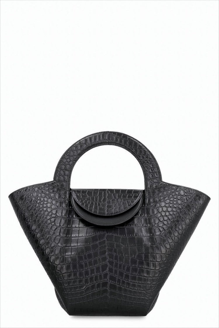 Trapezoidal Crocodile-Embossed Leather Tote Bag