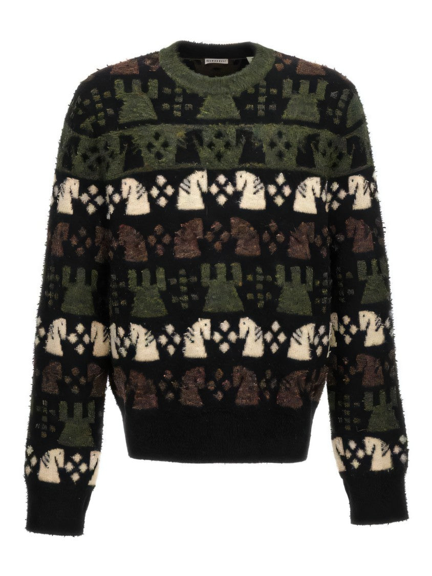 Horse Motif Patterned Wool Blend Sweater