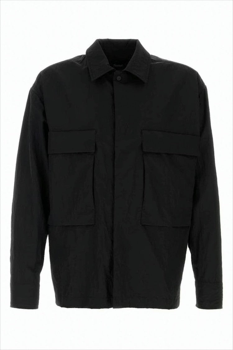 Boxy Cropped Black Nylon Jacket with Classic Collar