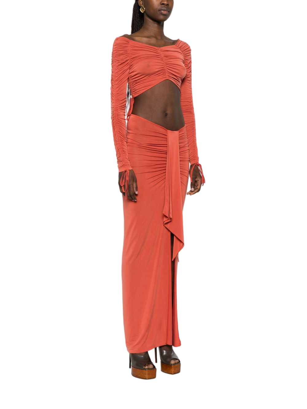 Orange Cropped Long Sleeve Ruching Top