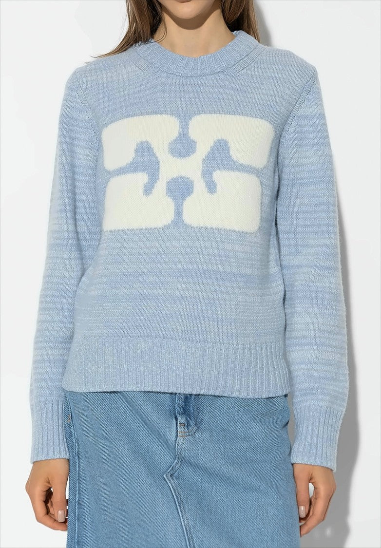 Textured Blue Wool Blend Pullover Sweater with Abstract Graphic