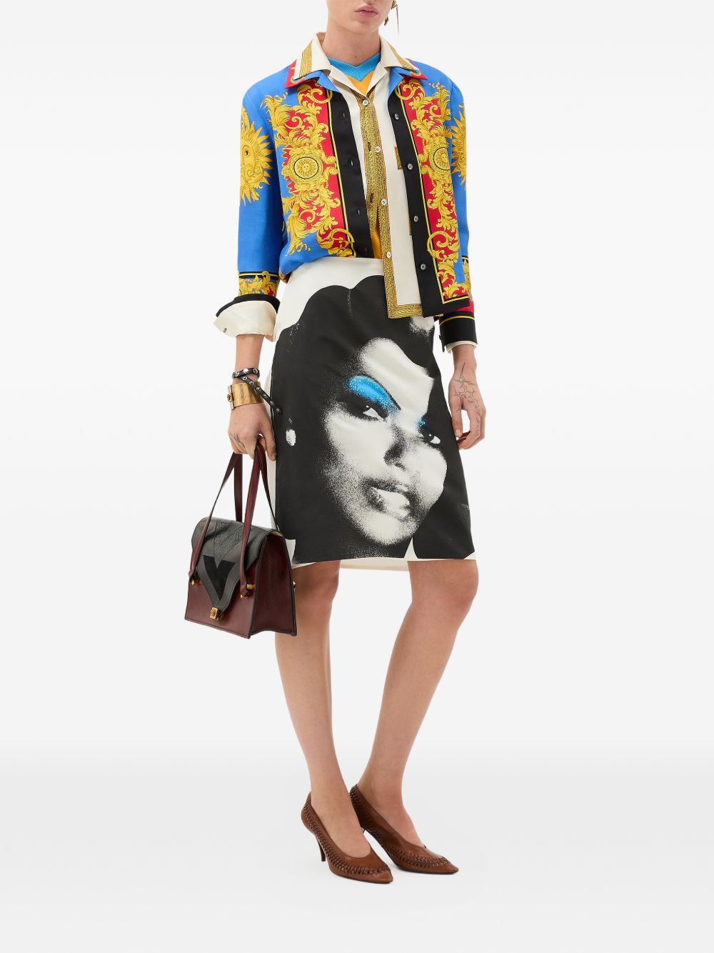 Silk And Nylon Top With Geometric Patterns And Gold Detailing