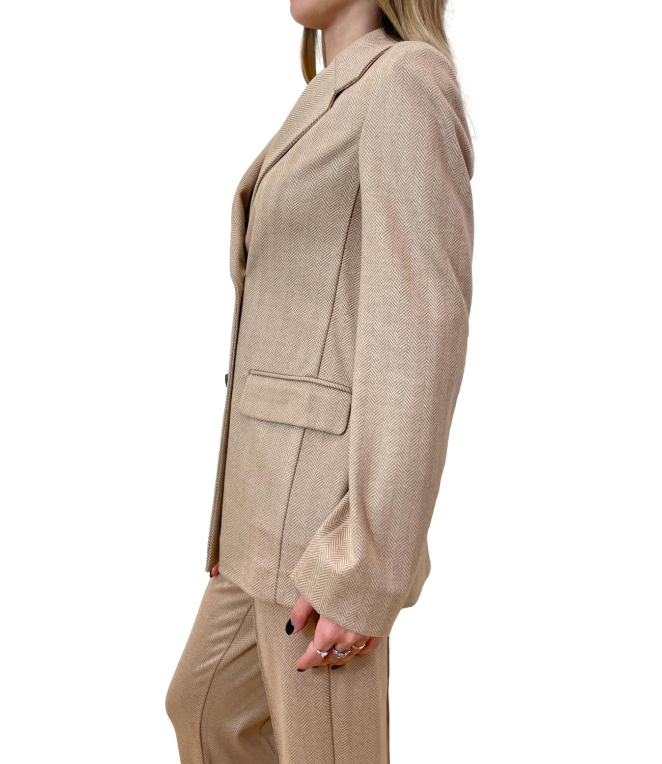 Double-Breasted Beige Herringbone Jacket With Wide Lapels