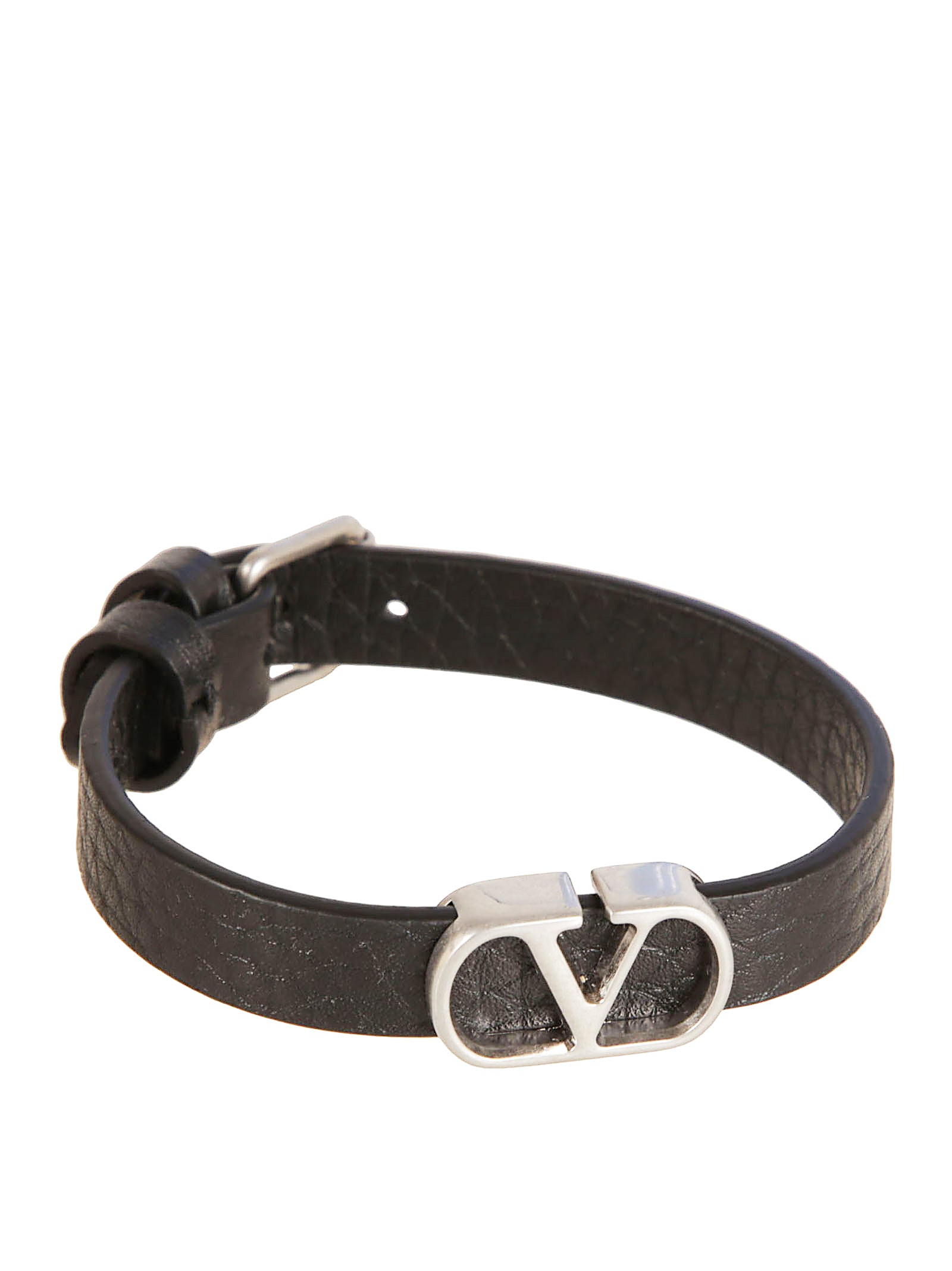 Textured Black Leather Bracelet with VLogo Centerpiece