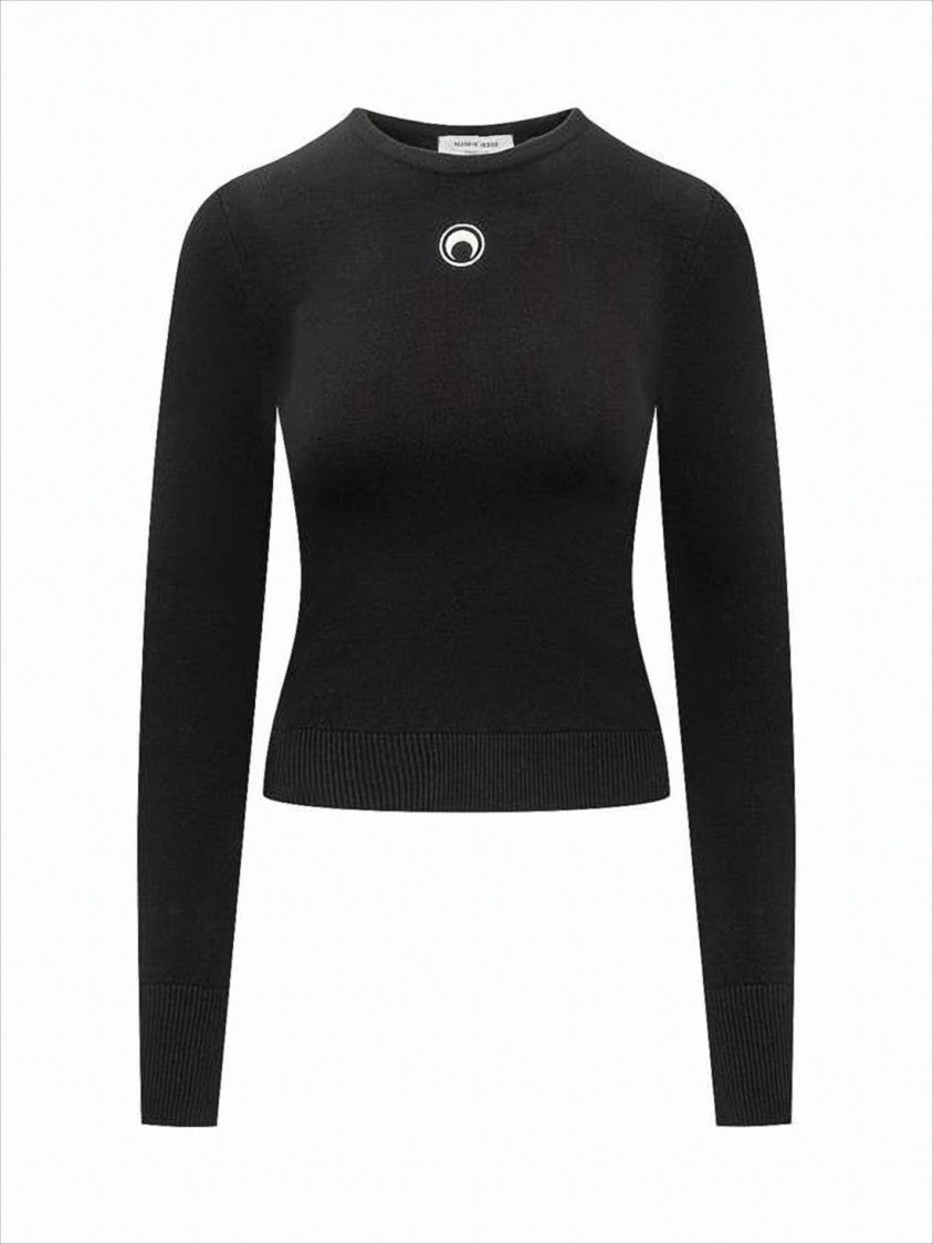 Fitted Black Long-Sleeve Top With Crescent Moon Emblem
