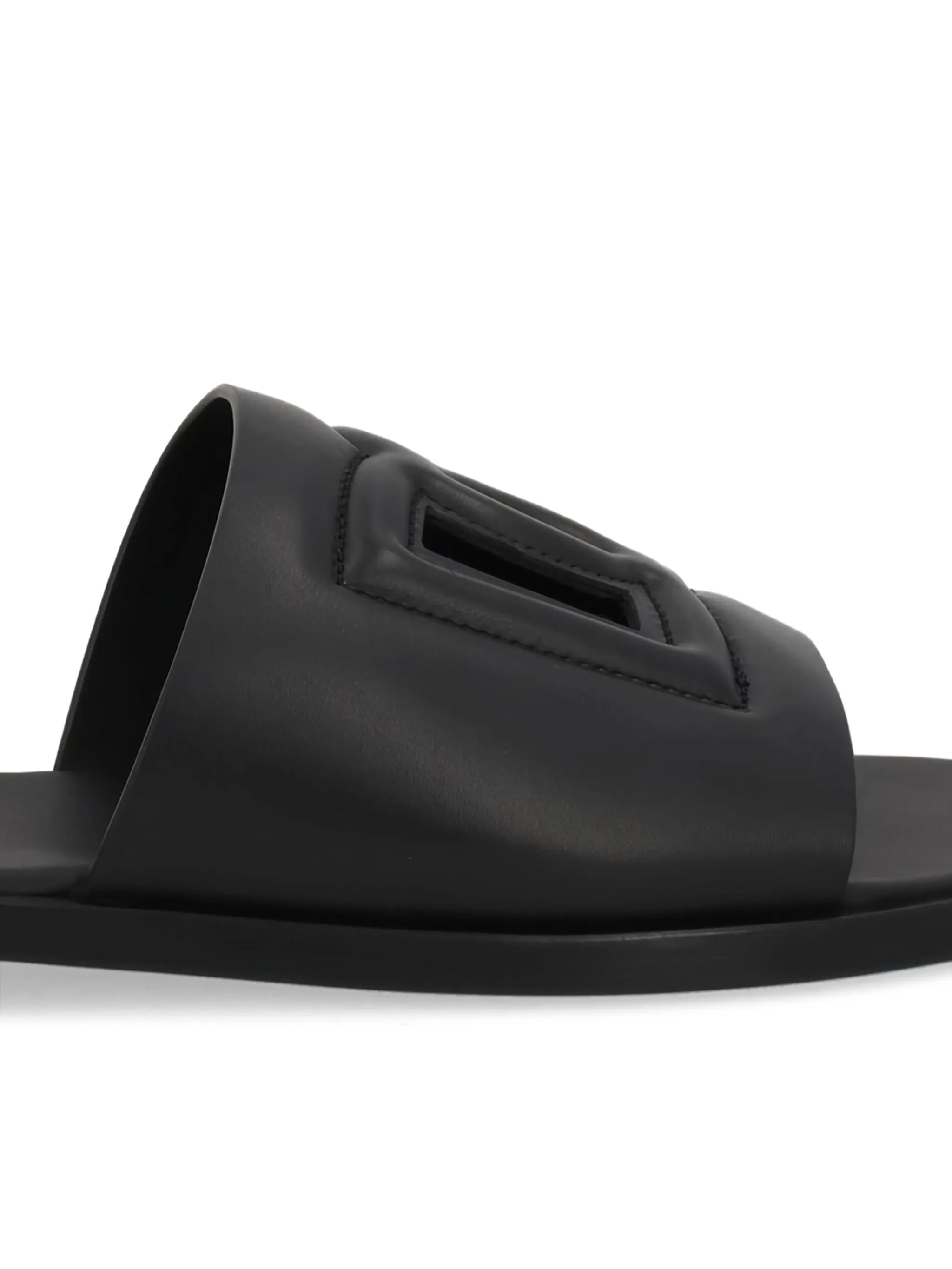 Black Leather Wide Strap Slide Sandals