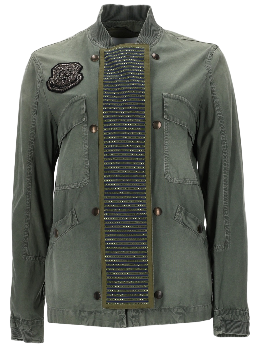 Military-Inspired Olive Green Giaccone Jacket With Metallic Studs