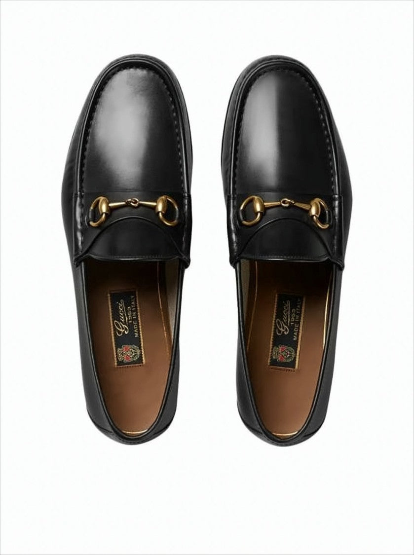 Black Leather Loafers with Gold-tone Horsebit Detail
