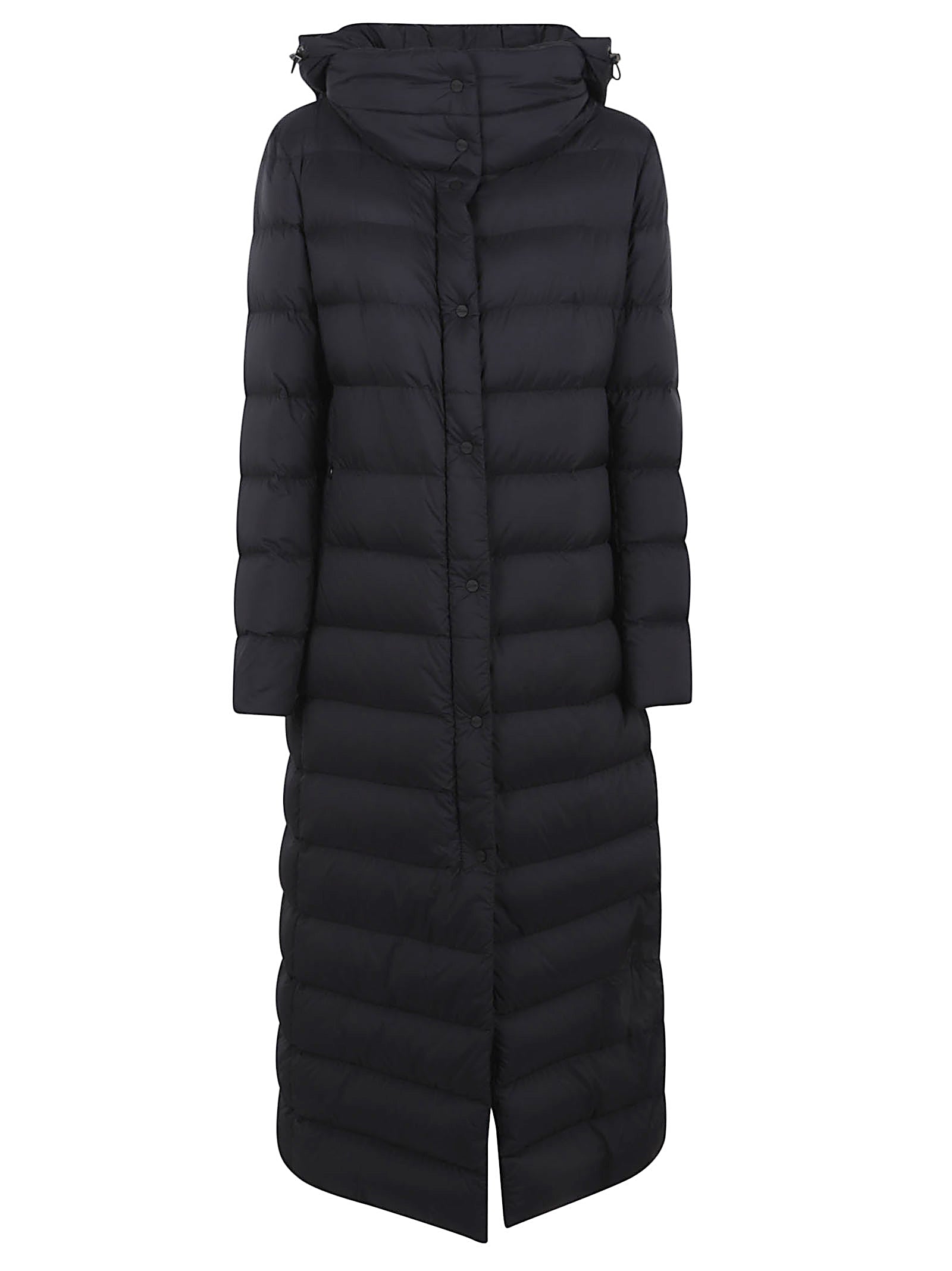 Long Quilted Down Jacket with High Collar and Hood