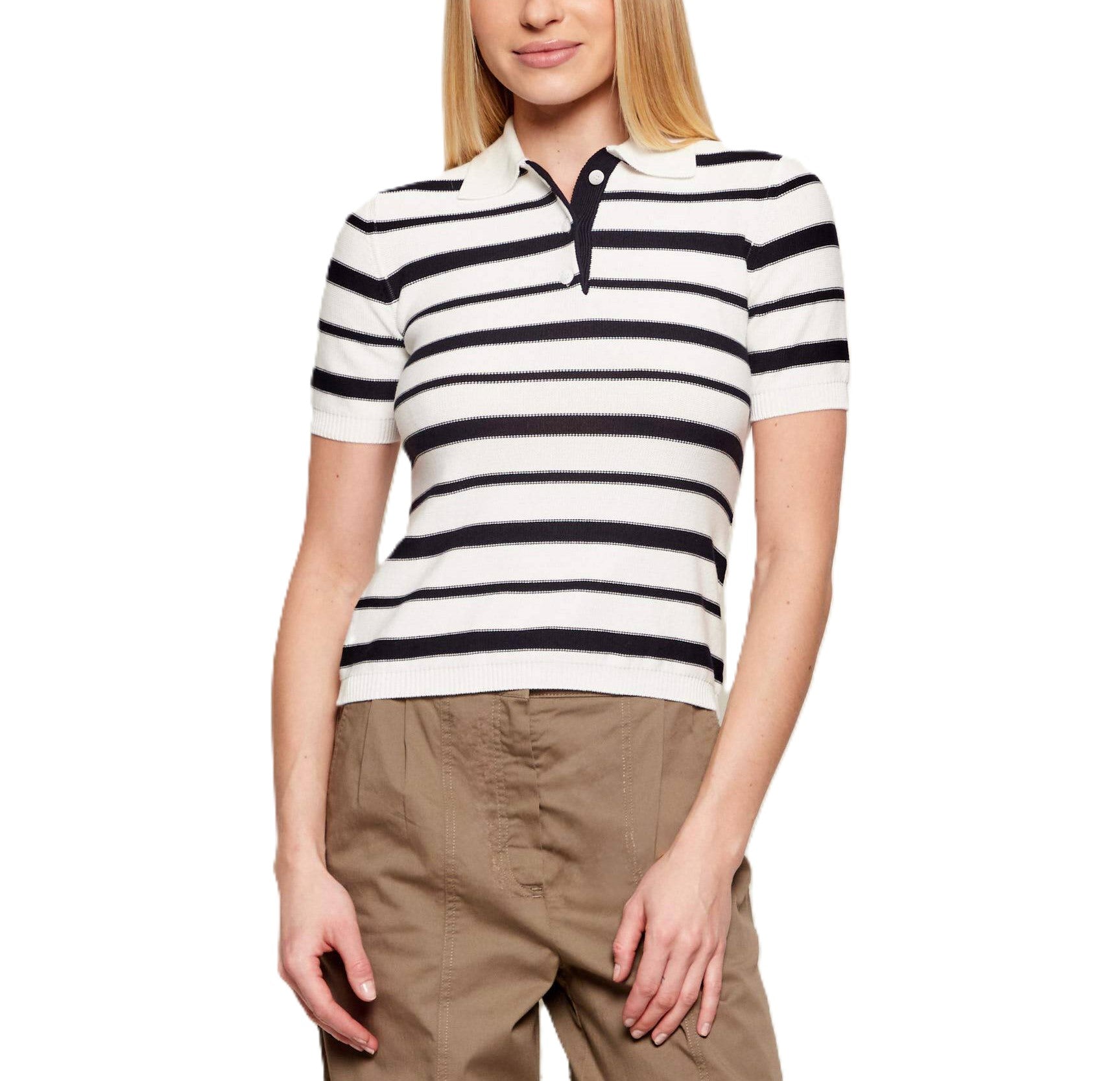 Striped Short-Sleeved Knit Top with Classic Polo Collar