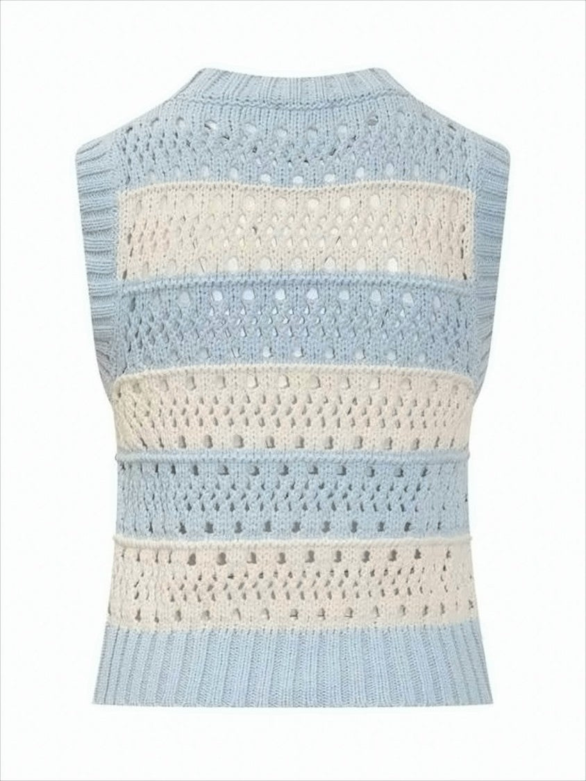 Crochet-Patterned Sleeveless Knit Vest With Bold Lettering