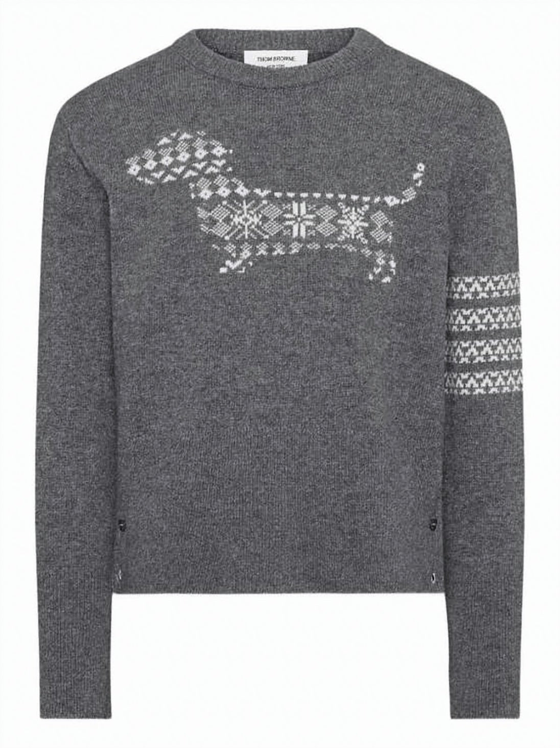 Patterned Grey Wool Sweater with Dog Motif and Geometric Design