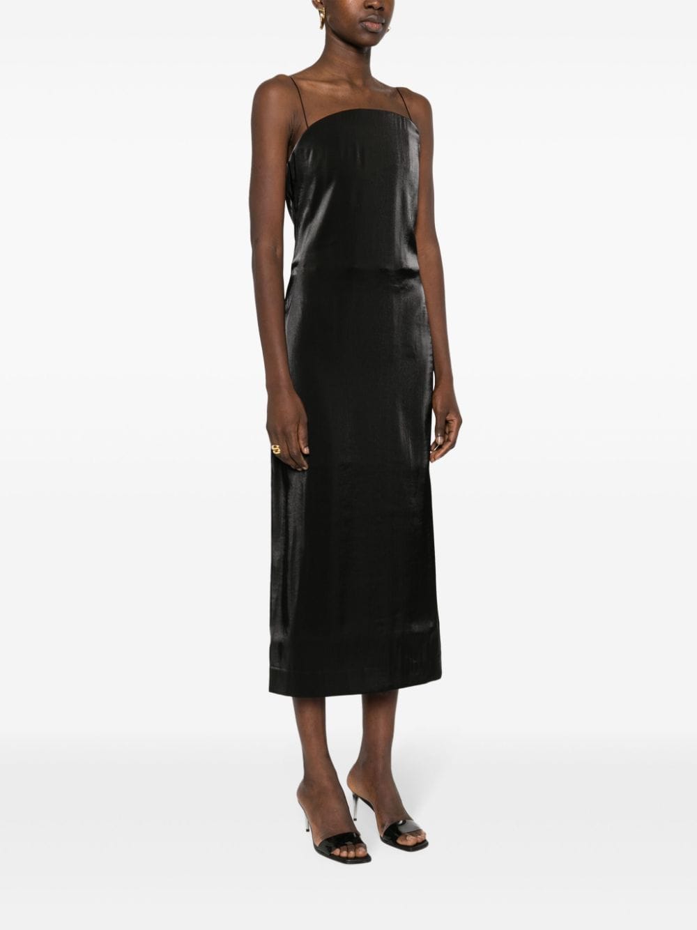 Calf-Length Black Satin Finish Spaghetti Strap Dress