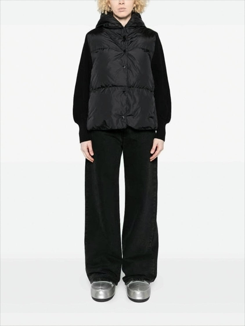 Puffer Jacket with Contrasting Knit Sleeves and Hood