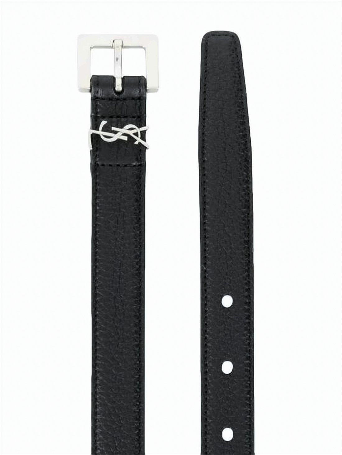Textured Calf Leather Belt with Silver Buckle Detail
