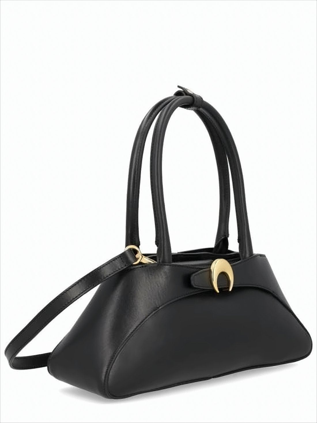 Crescent-Shaped Black Cowhide Leather Crossbody Bag