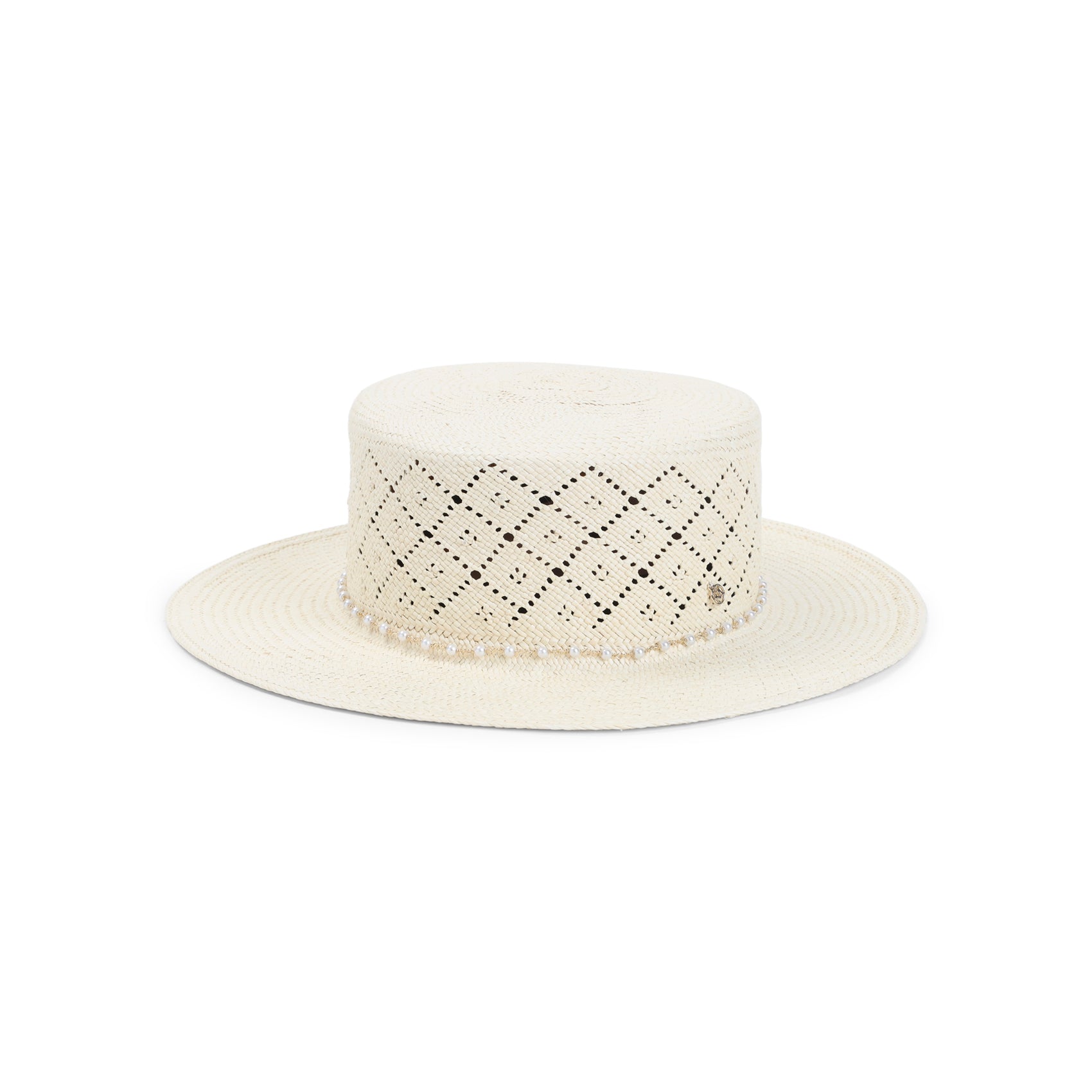 Wide-Brim Hat with Perforated Diamond Pattern and Pearl Accents
