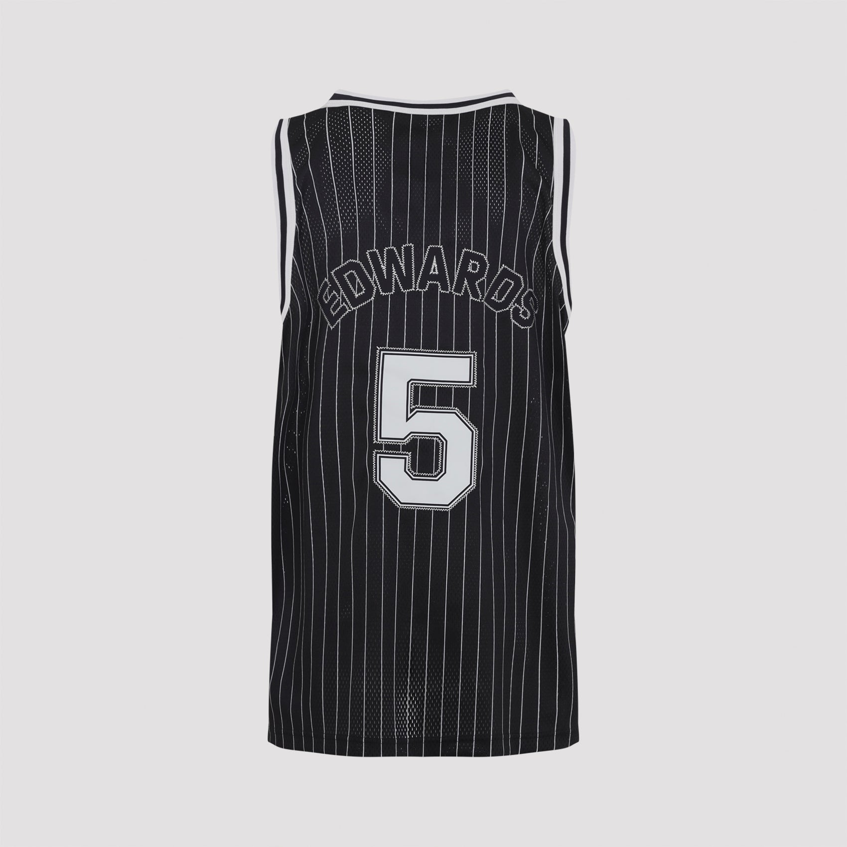 Sleeveless Black Sports Jersey With White Pinstripes And Signature Graphic