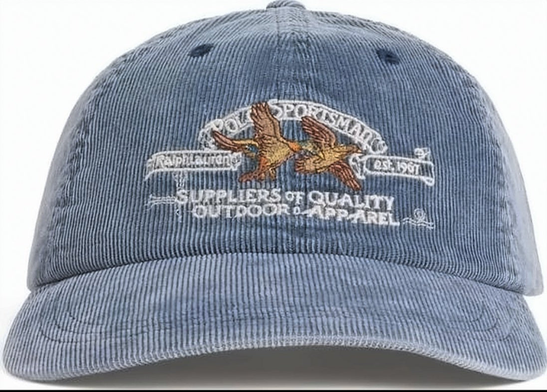 Vintage Embroidered Blue Corduroy Cap with Adjustable Leather Strap