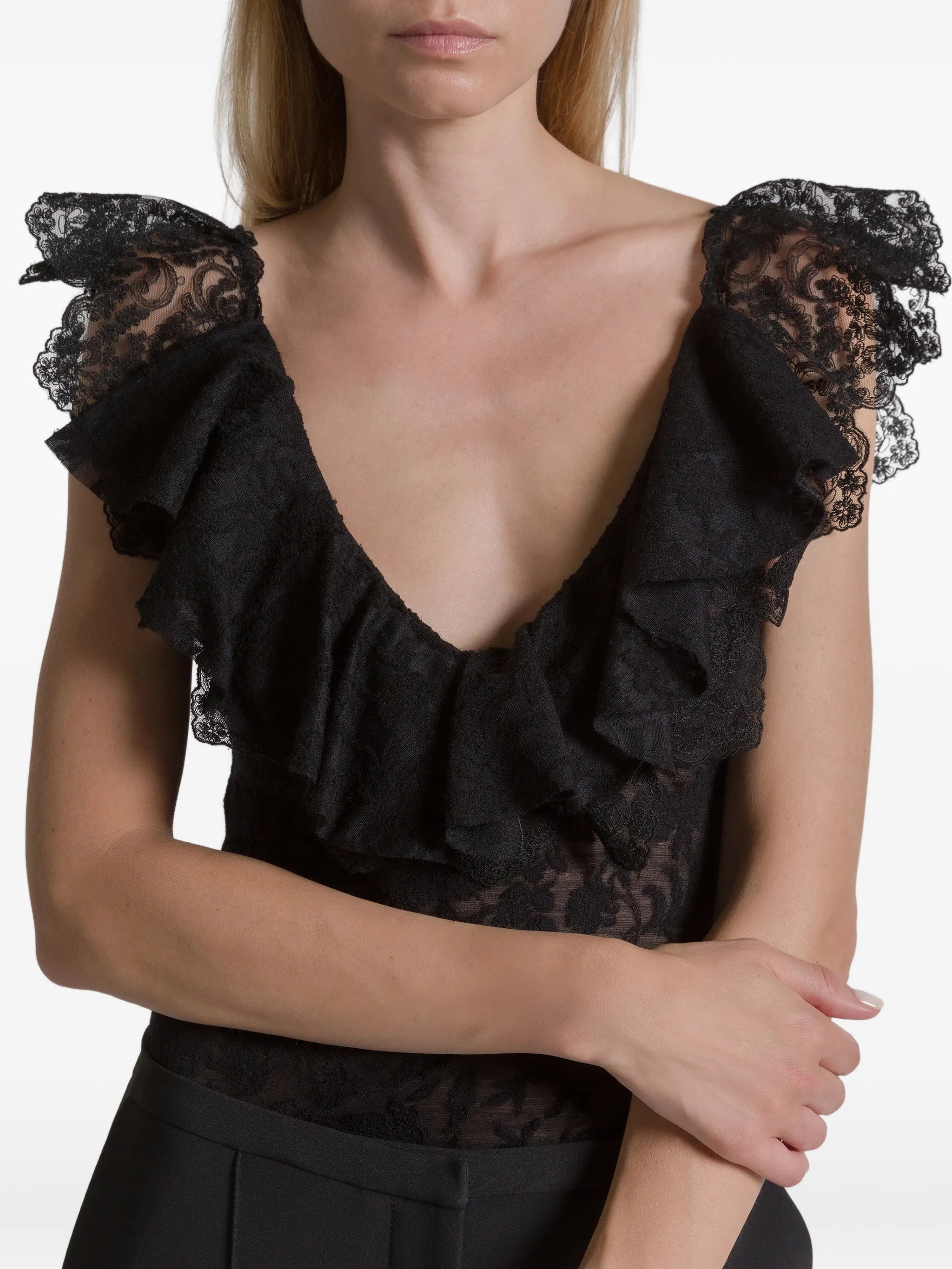 Black Body Fitted Lace Wool Bodysuit