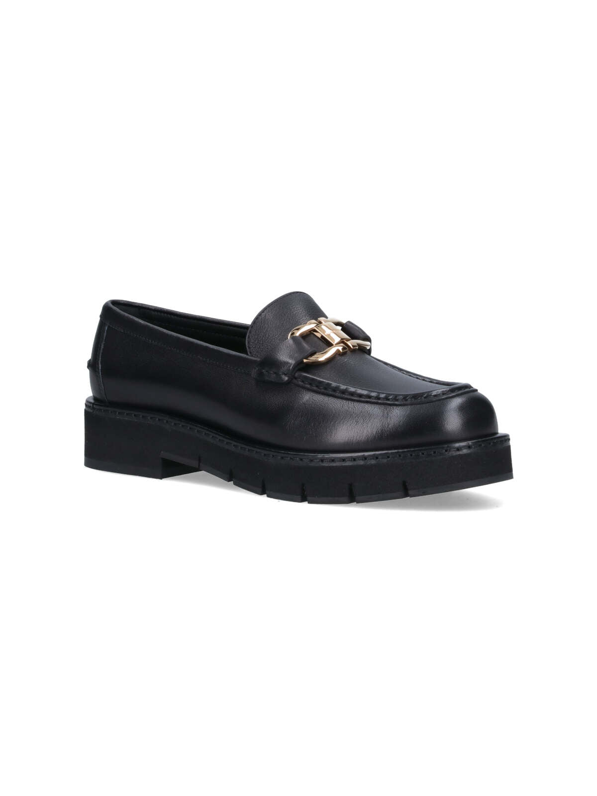 Black Leather Moccasins with Gold-tone Logo Buckle