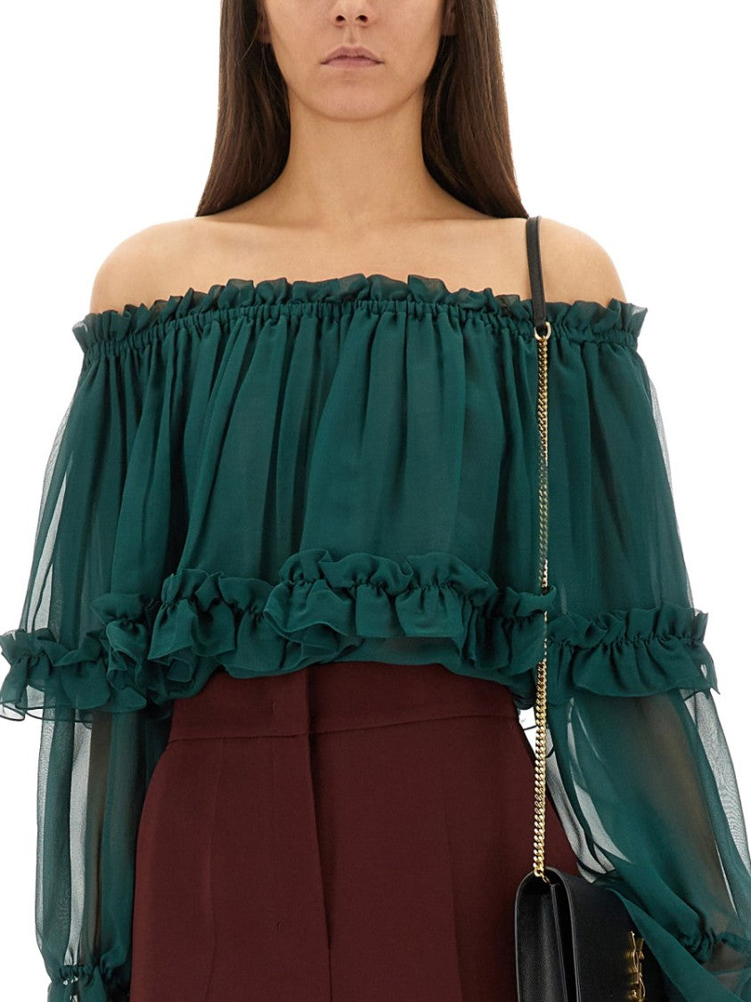 Sheer Ruffled Off-Shoulder Blouse In Silk