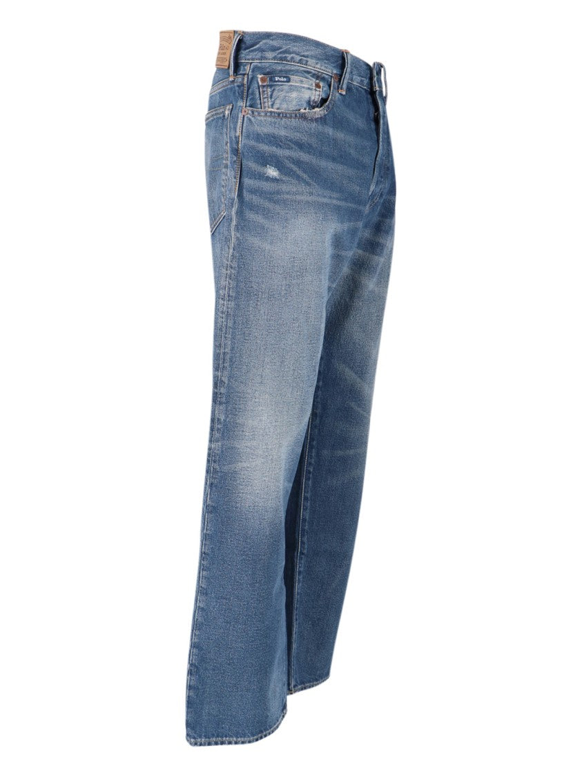 Straight-Leg Jeans In Medium Blue Denim With Distressed Finish