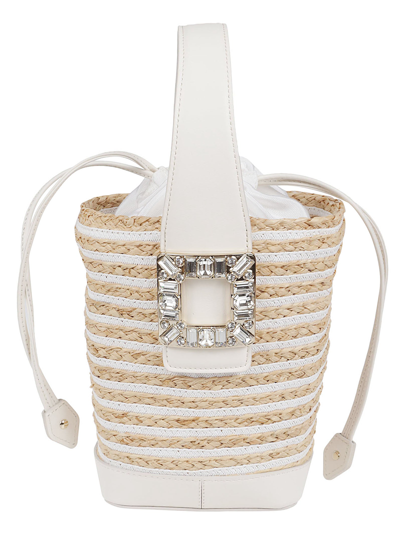 Woven Raffia Bucket Bag with Crystal Buckle Accents