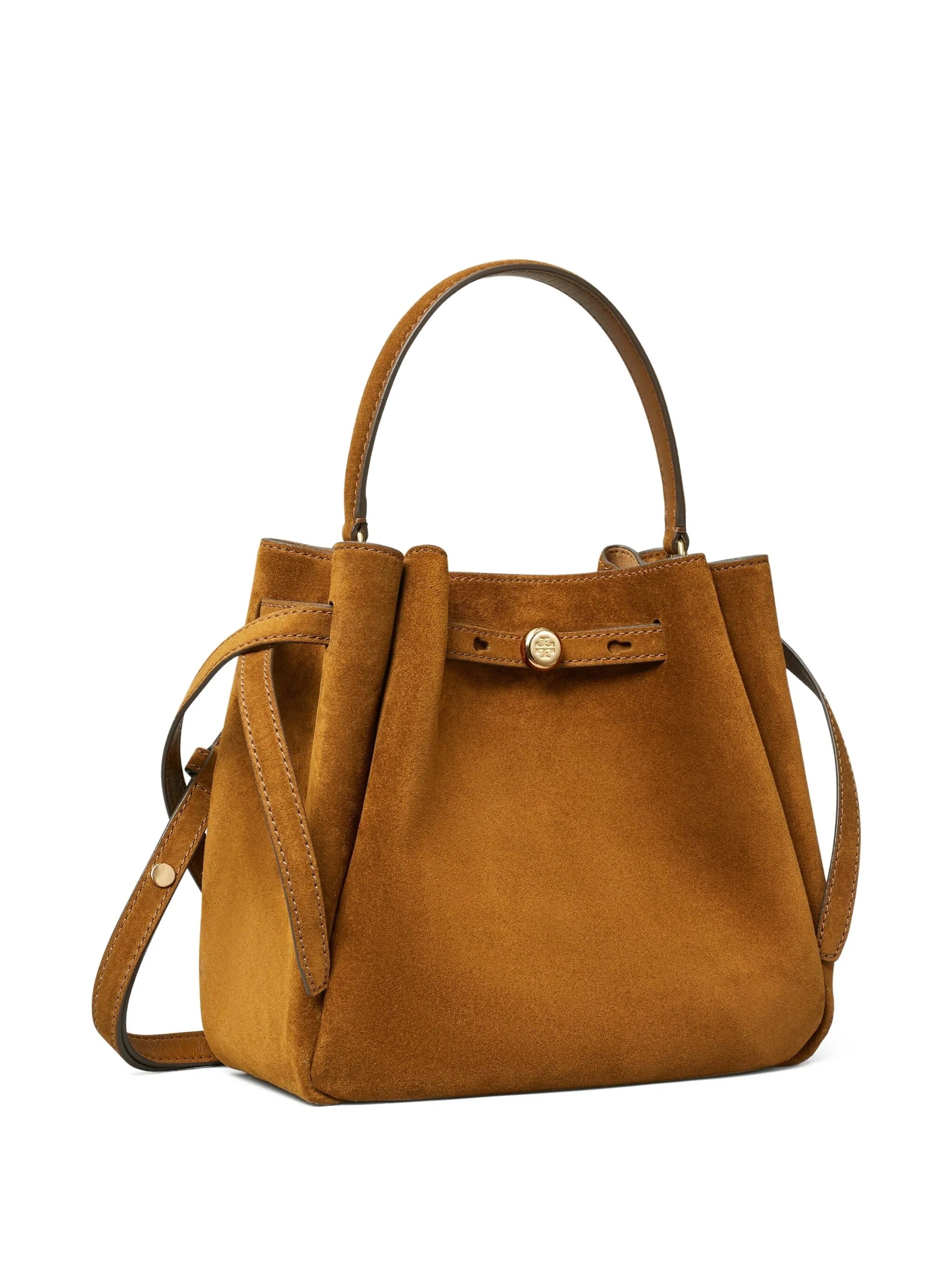 Structured Suede Brown Bucket Bag with Gold Accents