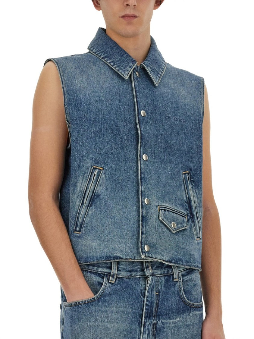 Cropped Denim Vest With Classic Collar