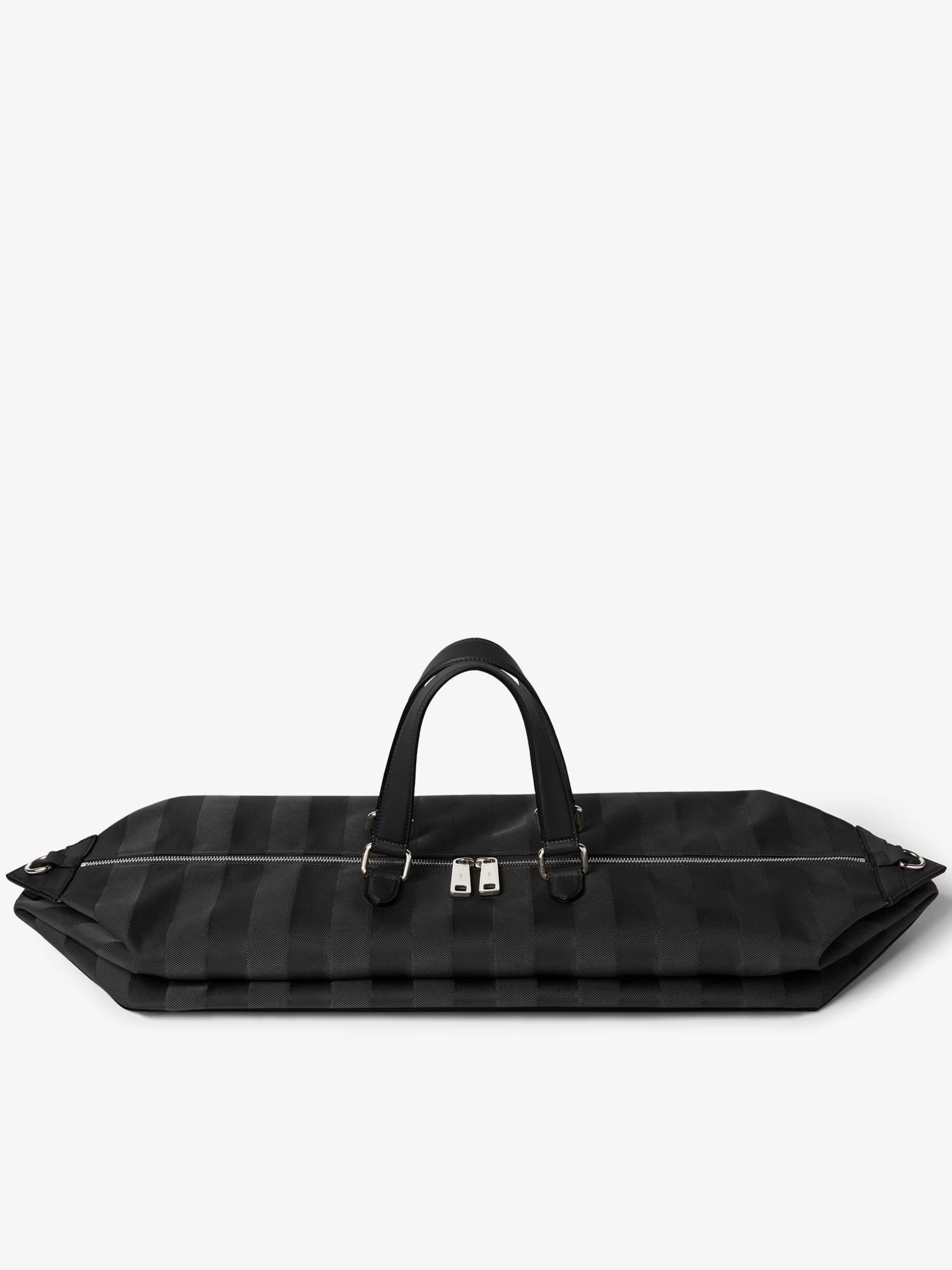 Matte Finish Black Duffle Bag with Striped Pattern and Silver Hardware