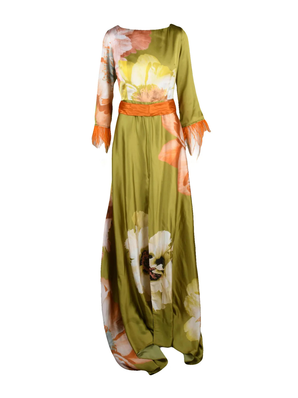 Olive Green Feathered Polyester Women Long Dress