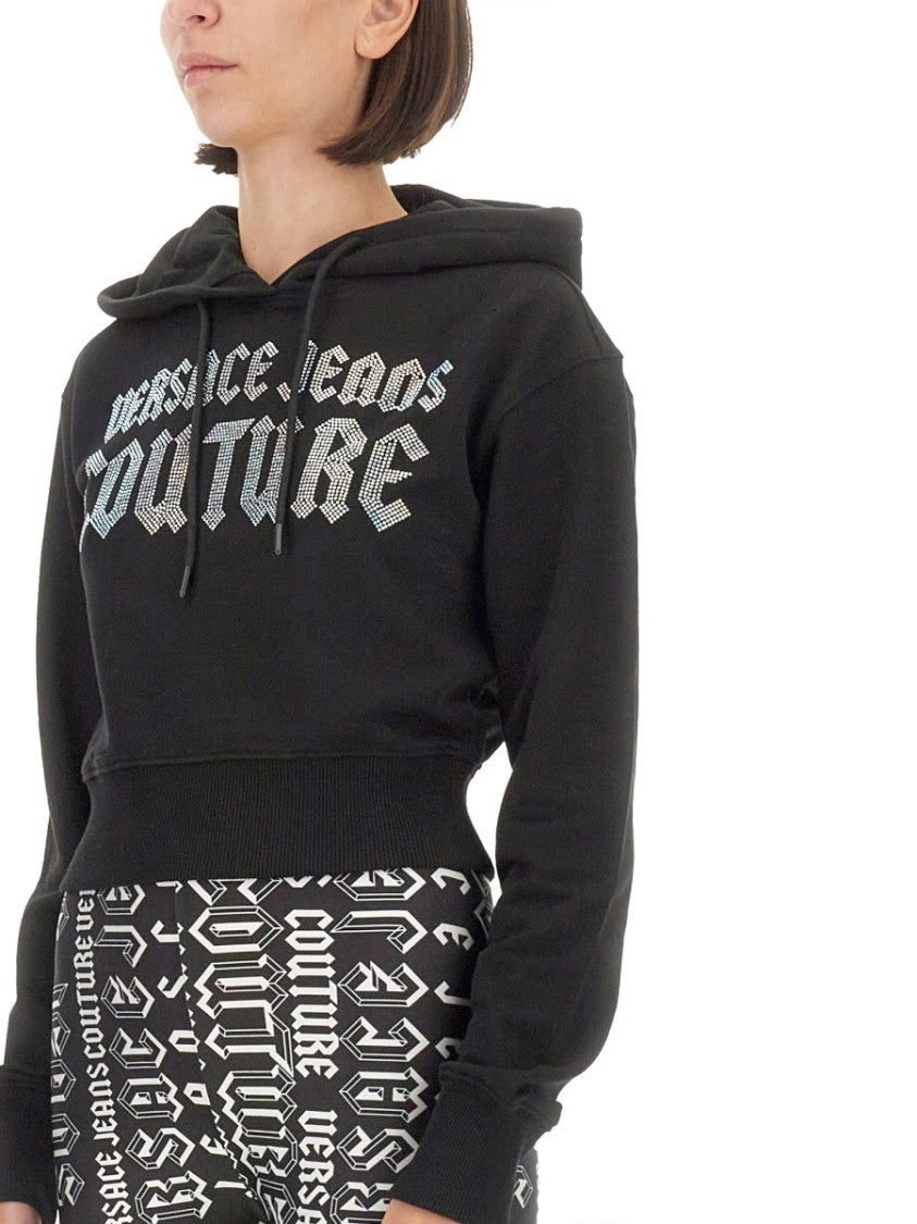 Cropped Black Sweatshirt With Hood And Logo Detail