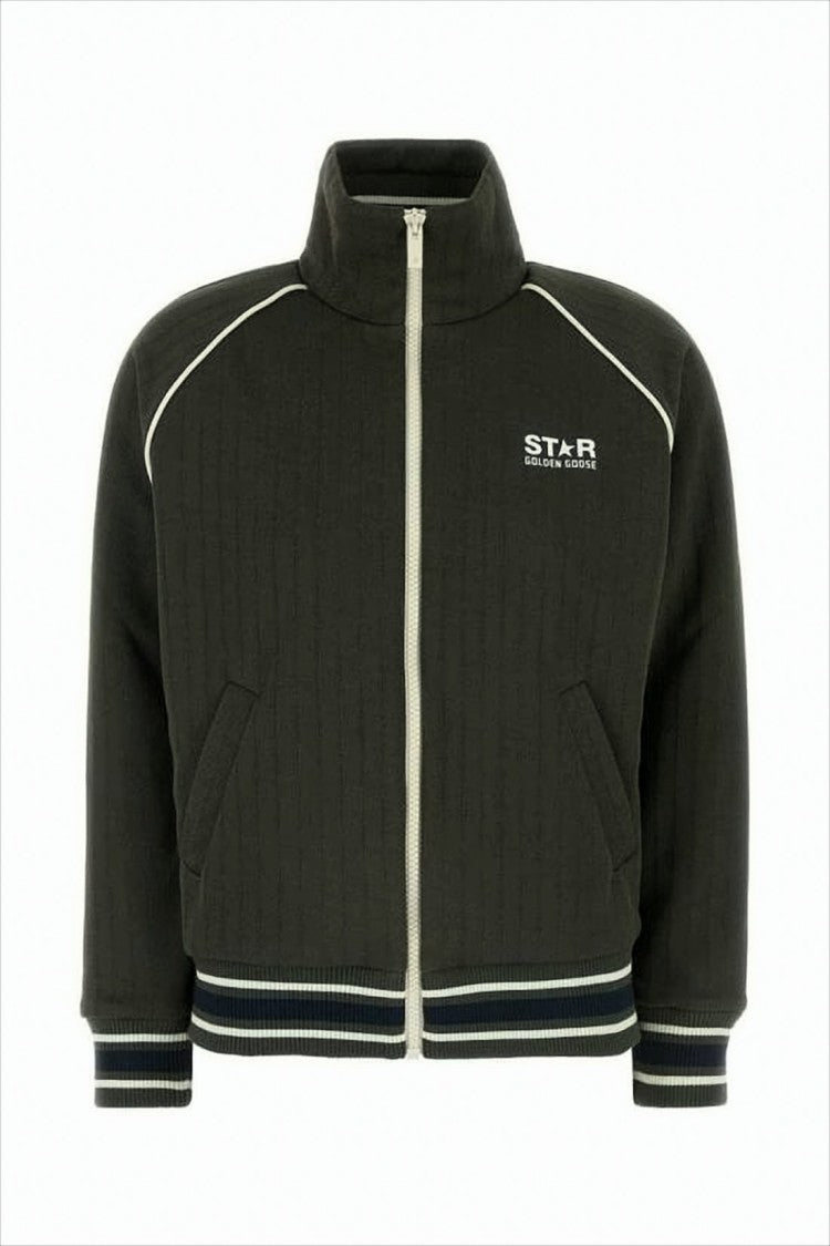 Quilted Black Jacket With High Collar And Striped Detailing