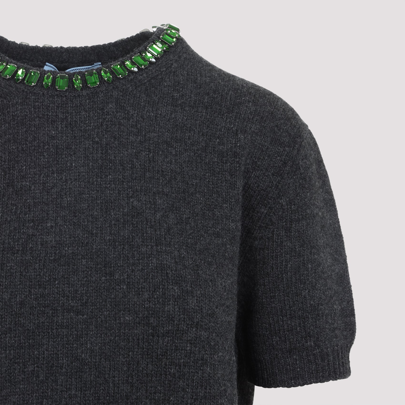 Short-Sleeved Cashmere-Wool Blend Sweater With Jewel Embellishments
