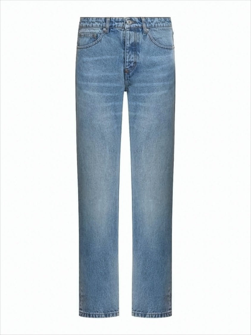 Medium Blue Straight-Leg Denim Pants With Five-Pocket Design