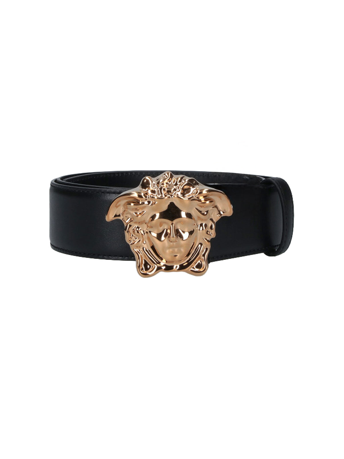 Black Leather Belt with Gold Medusa Buckle