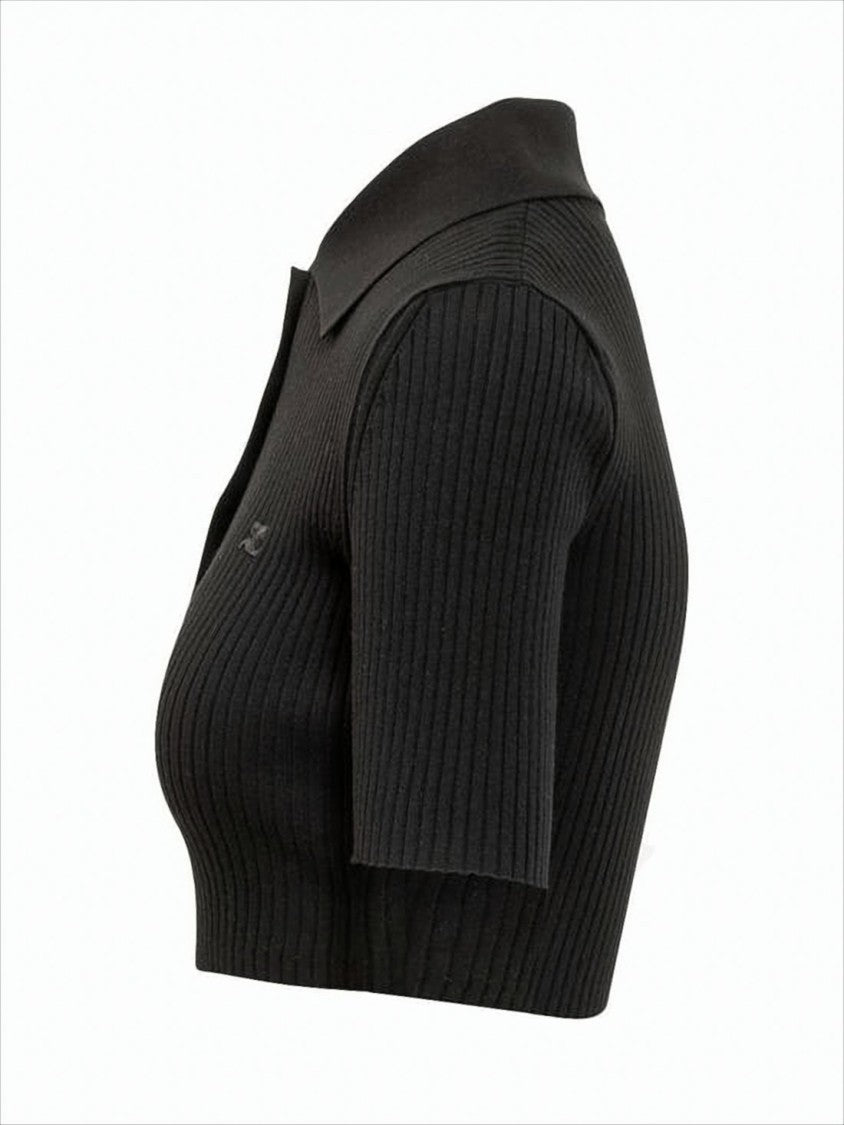 Fitted Ribbed Knit Crop Top with Polo Collar