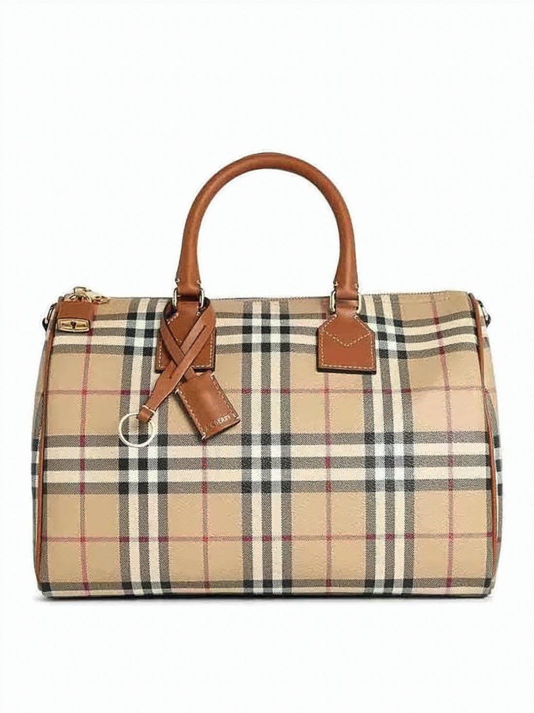 Medium Check Pattern Bowling Bag with Leather Accents