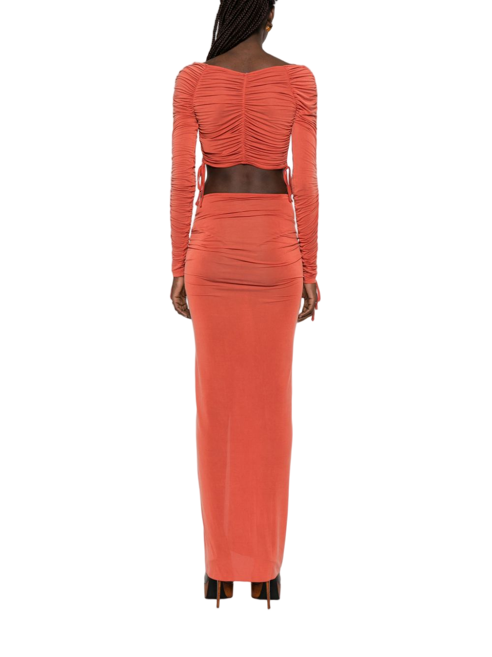 Orange Cropped Long Sleeve Ruching Top