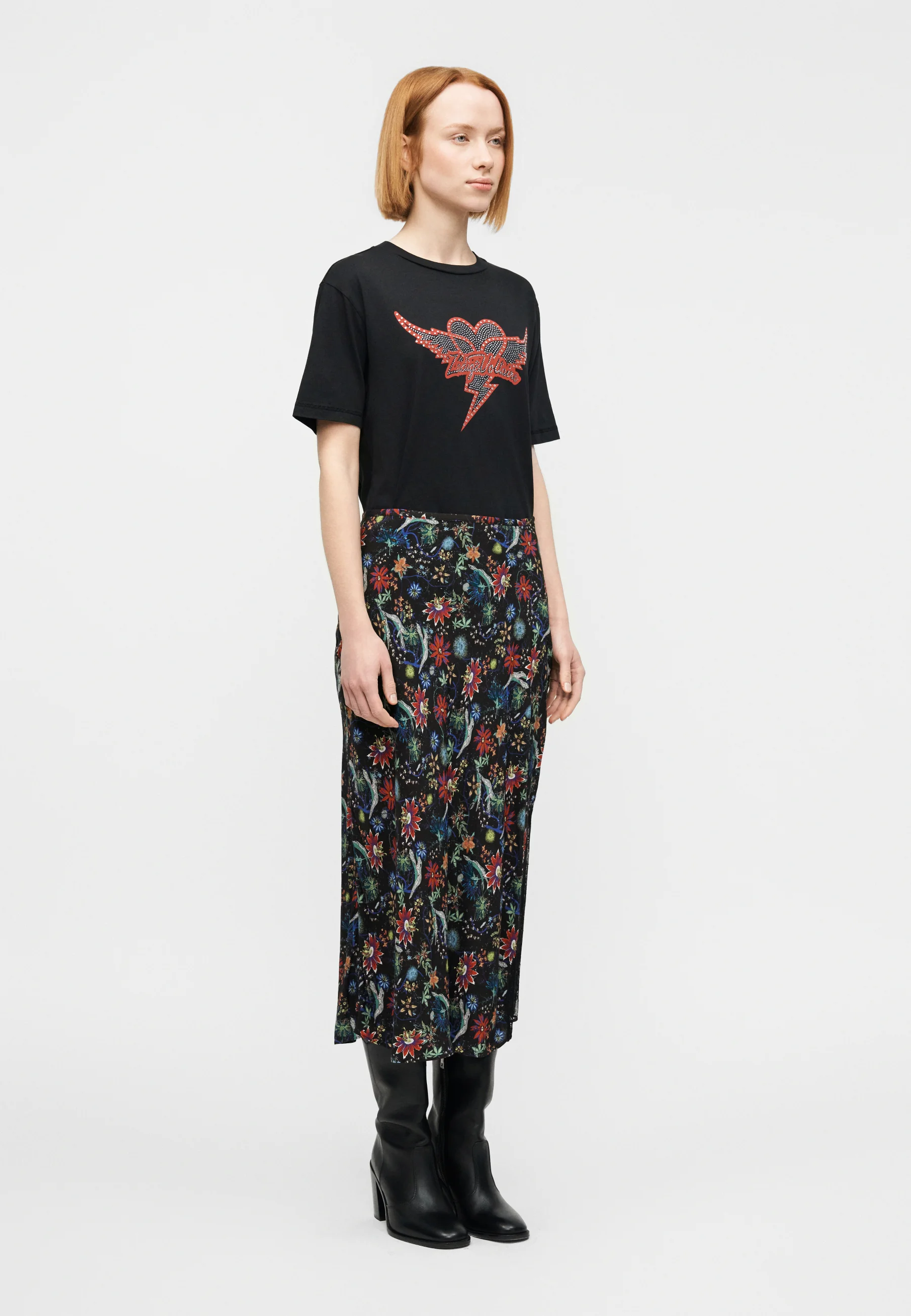 Midi Skirt with Floral and Abstract Pattern