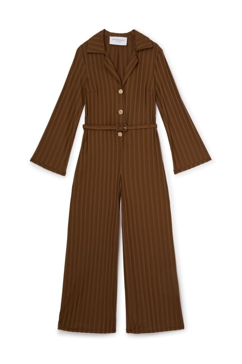 Ribbed Jumpsuit With Notched Collar And Belted Waist