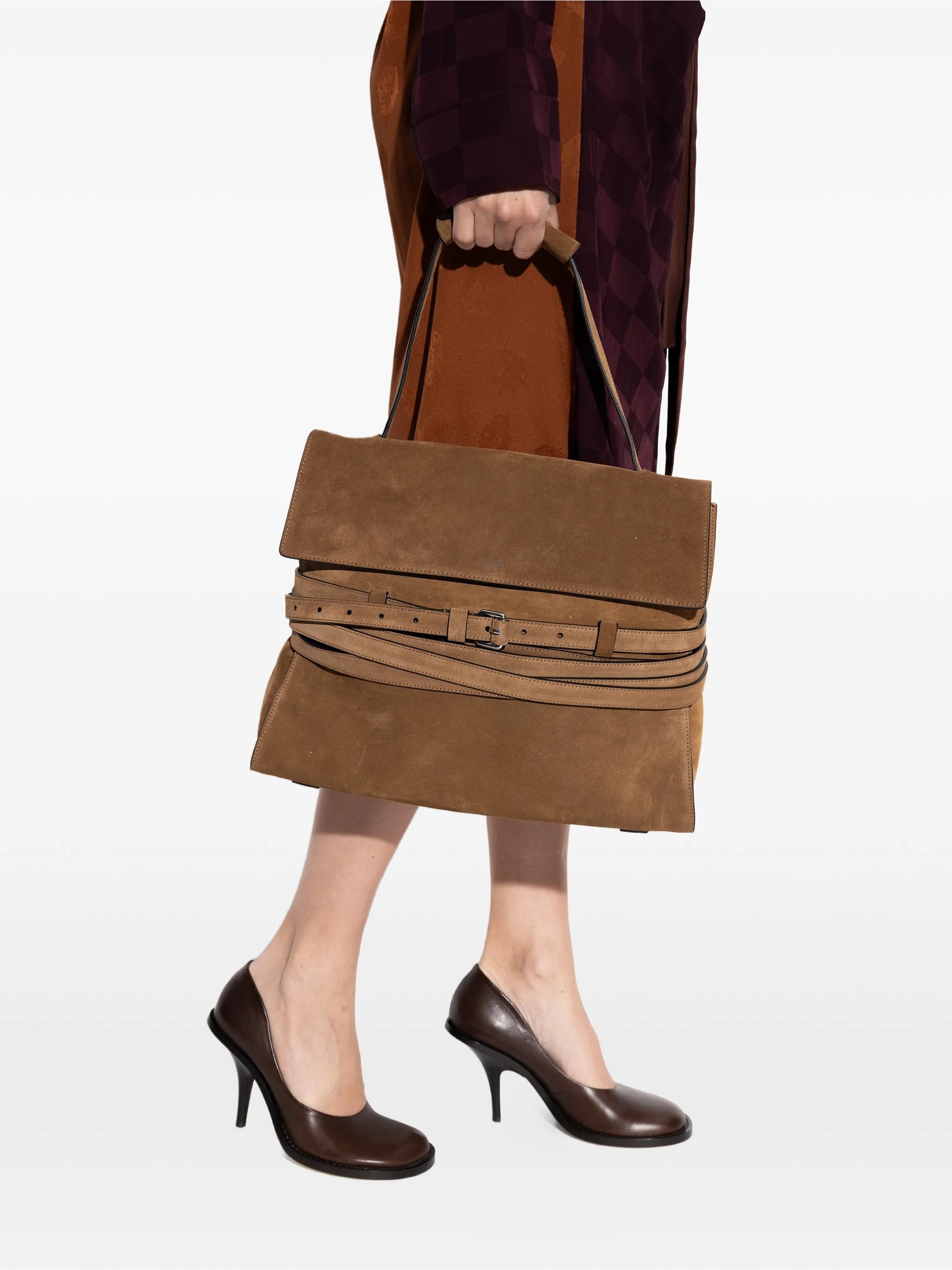 Brown Large Rectangular Suede Handbag With Belts