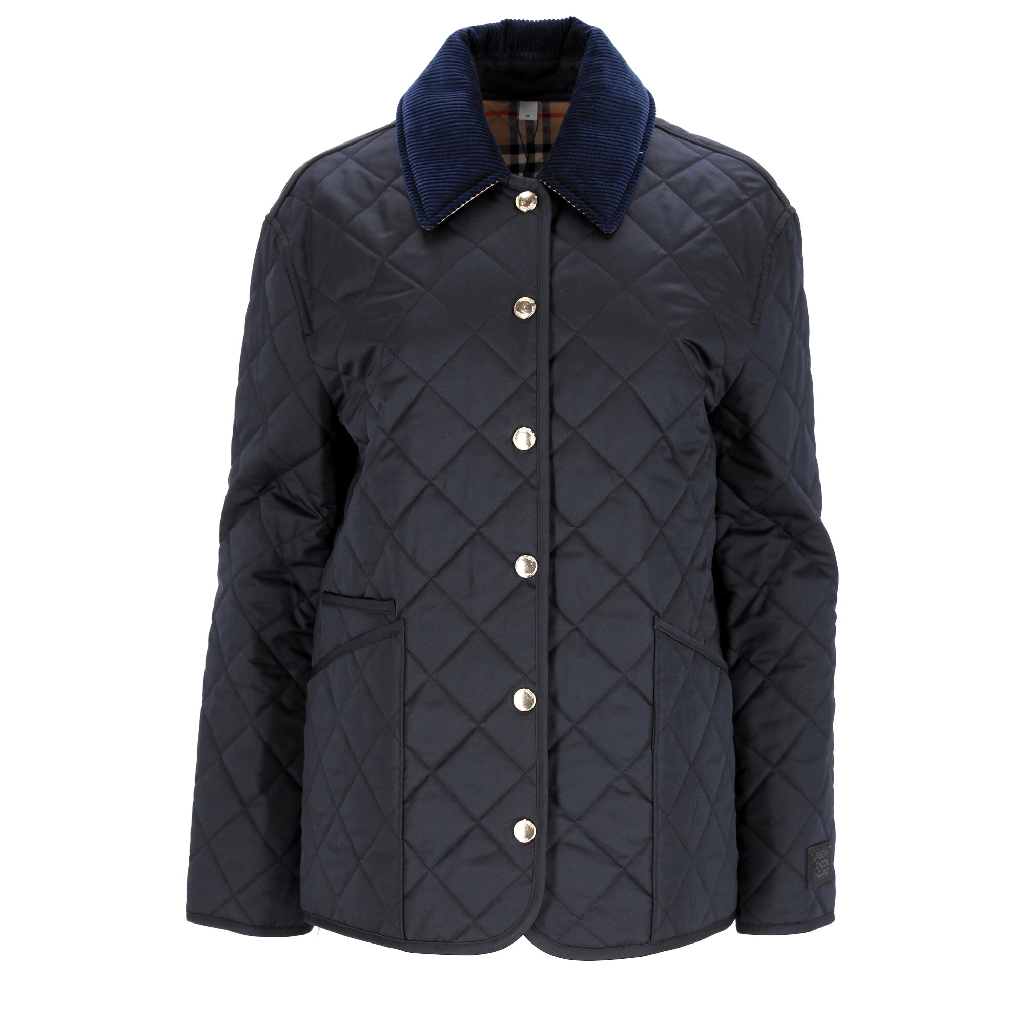 Quilted Blue Jacket With Corduroy Collar And Signature Details