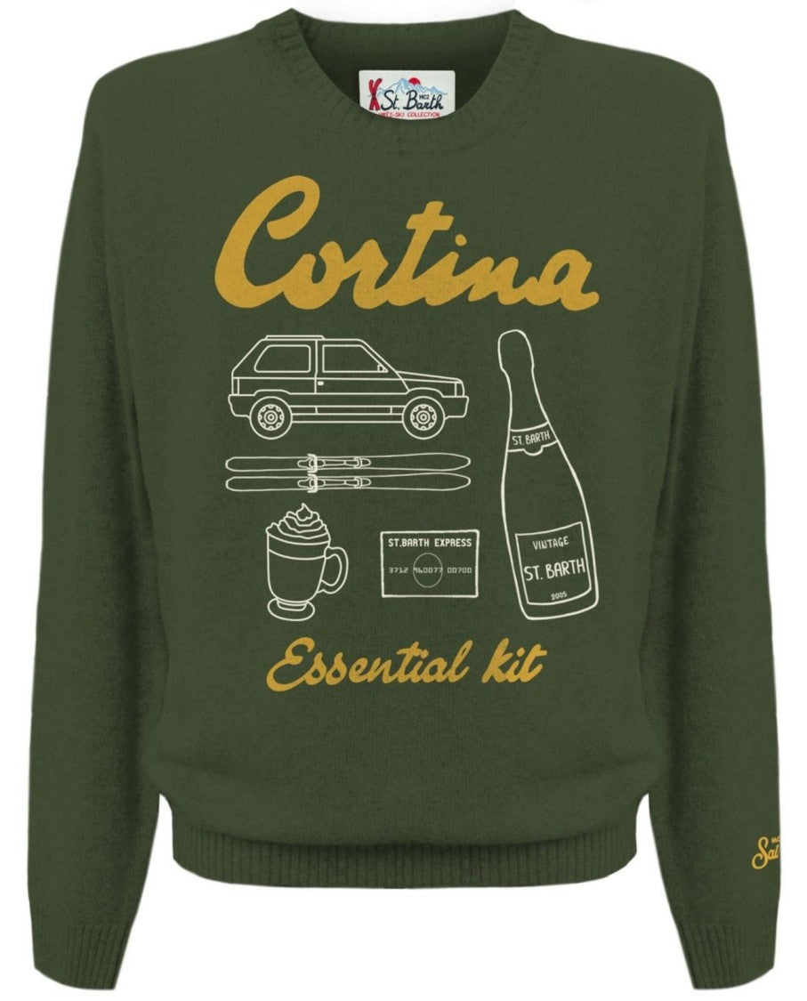 Olive Green Graphic Print Crew Neck Sweater