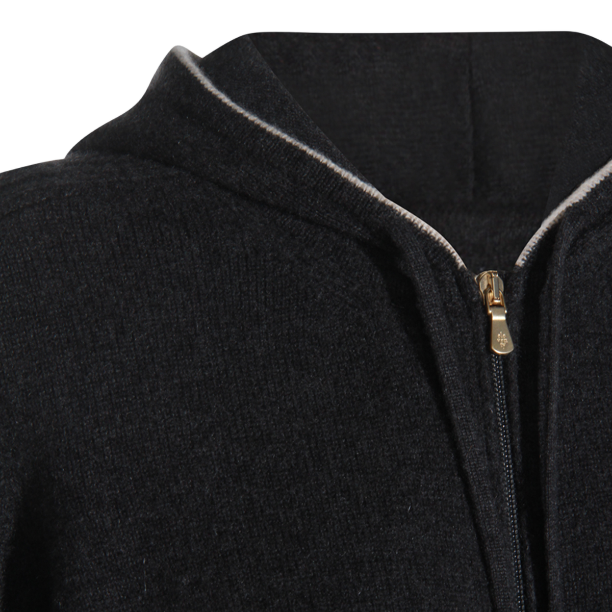 Black Zip-Up Sweater With Contrasting Trim And Gold-Toned Zipper