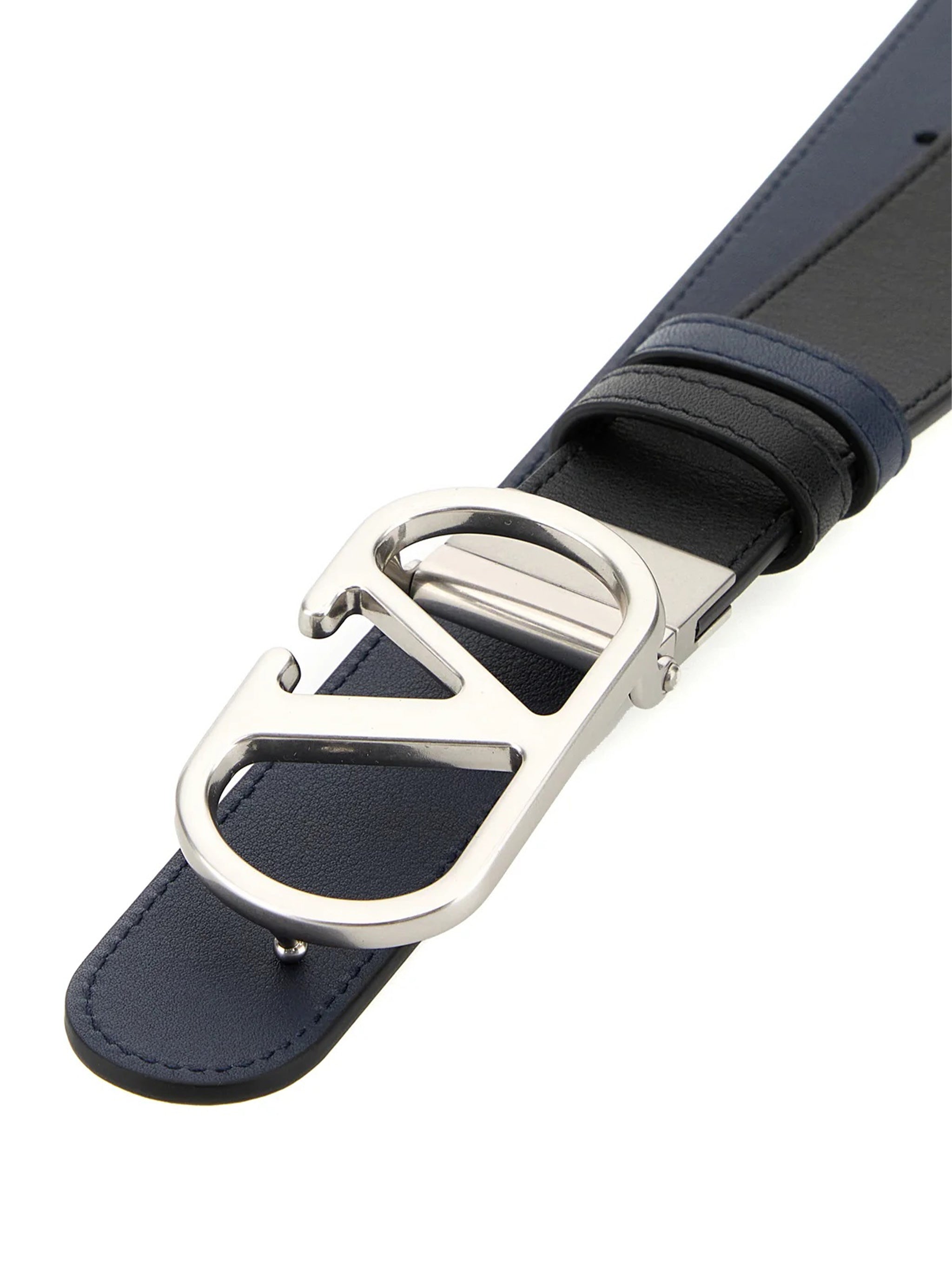 Black/Navy Reversible Leather V-Buckle Belt
